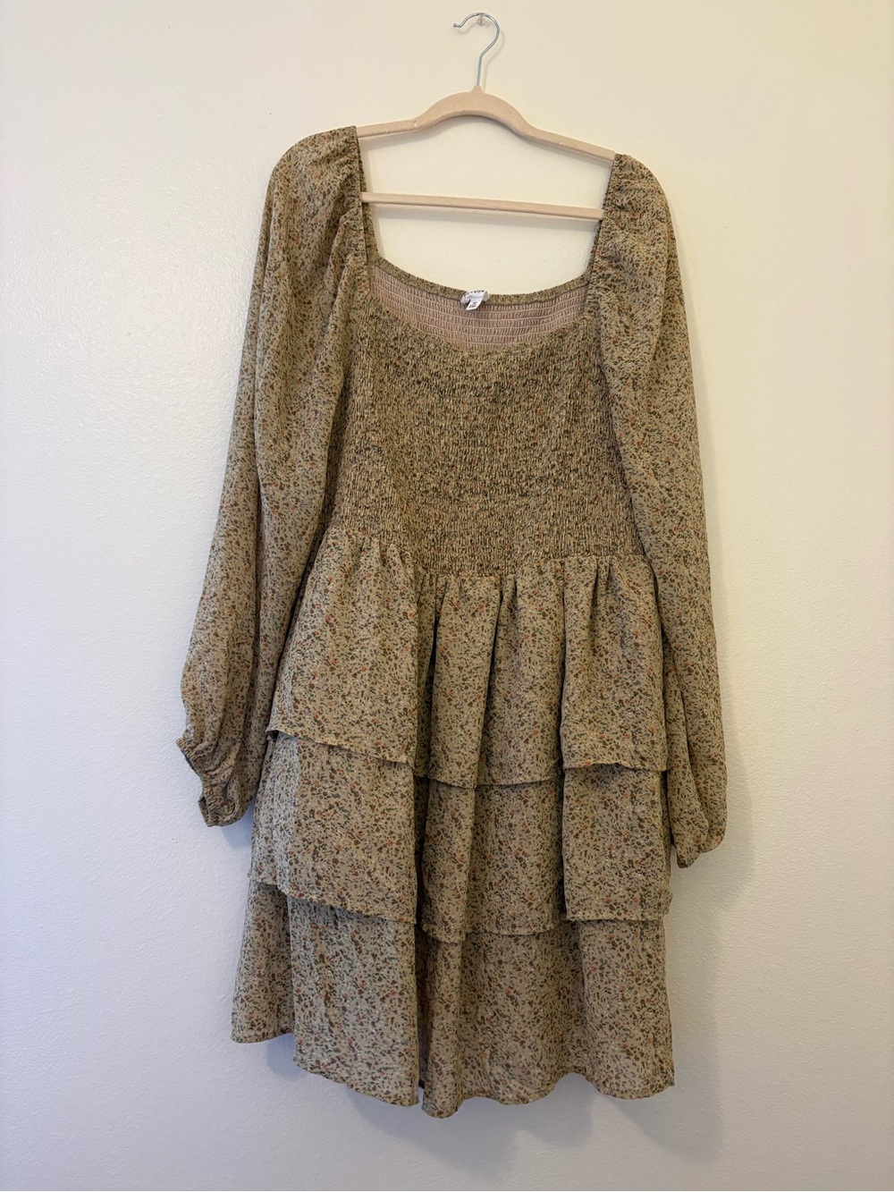 Floral Smocked Tiered Long-Sleeve Dress in Beige